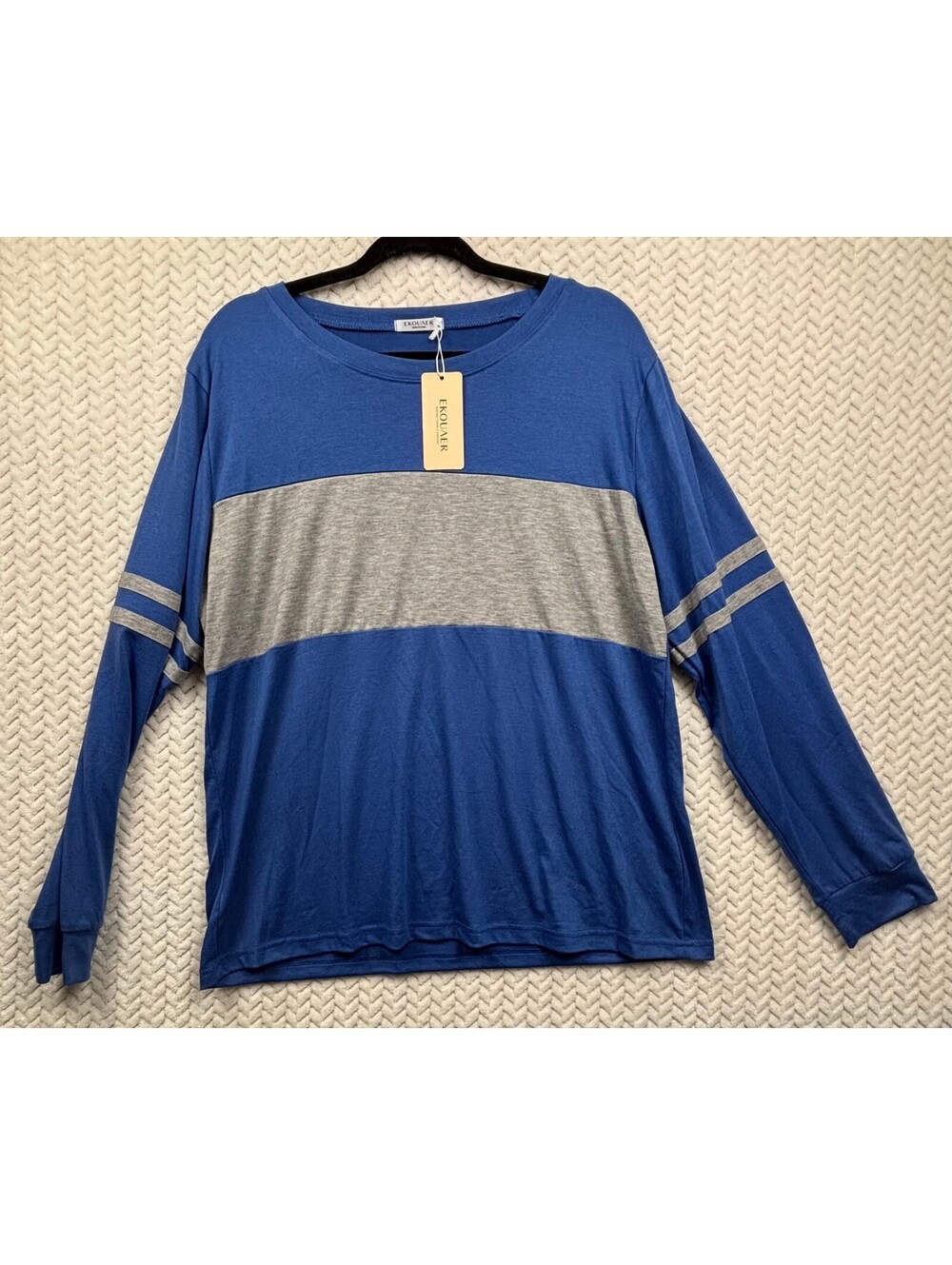 EKOUAER Women's Long Sleeve Colorblock Pullover Shirt, Blue and Gray, Size XL